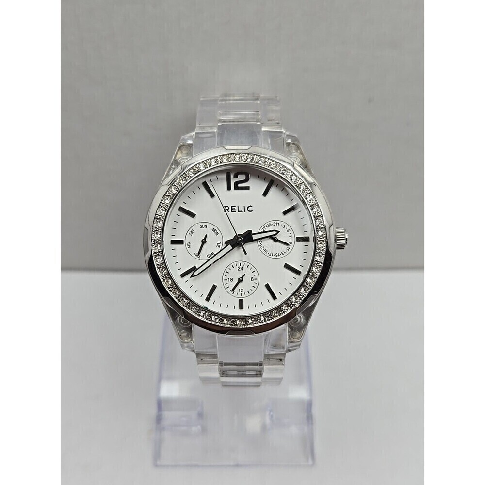 Relic Watch Women 38mm Pave Silver Tone White MOP Dial ZR11904 New Battery